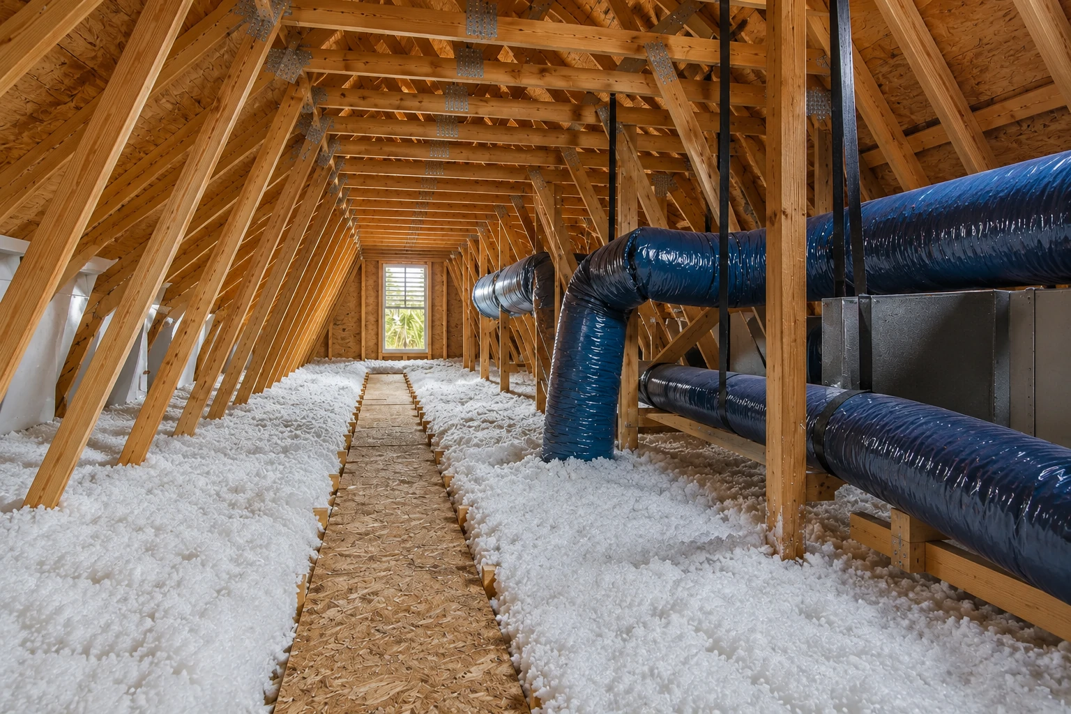 An attic with blown-in insulation around a narrow walkway and large blue air ducts running through the wooden rafters.