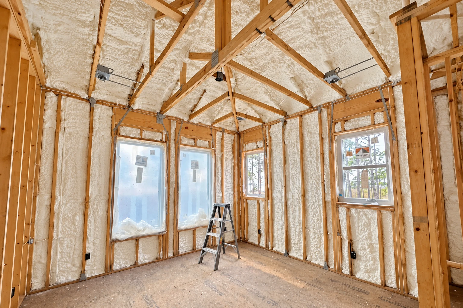 Unfinished room with exposed wooden framing and white spray foam covering the walls and peaked ceiling; a step ladder stands below.