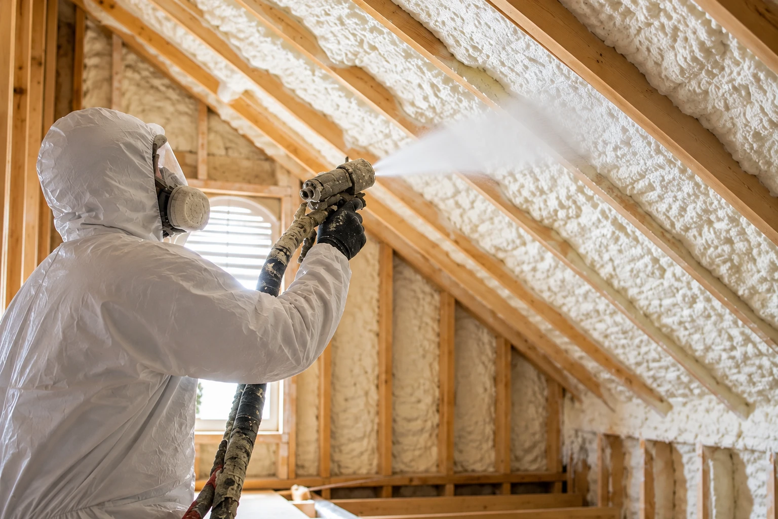 A worker in protective gear sprays foam insulation onto the sloped ceiling of a wood-framed attic.