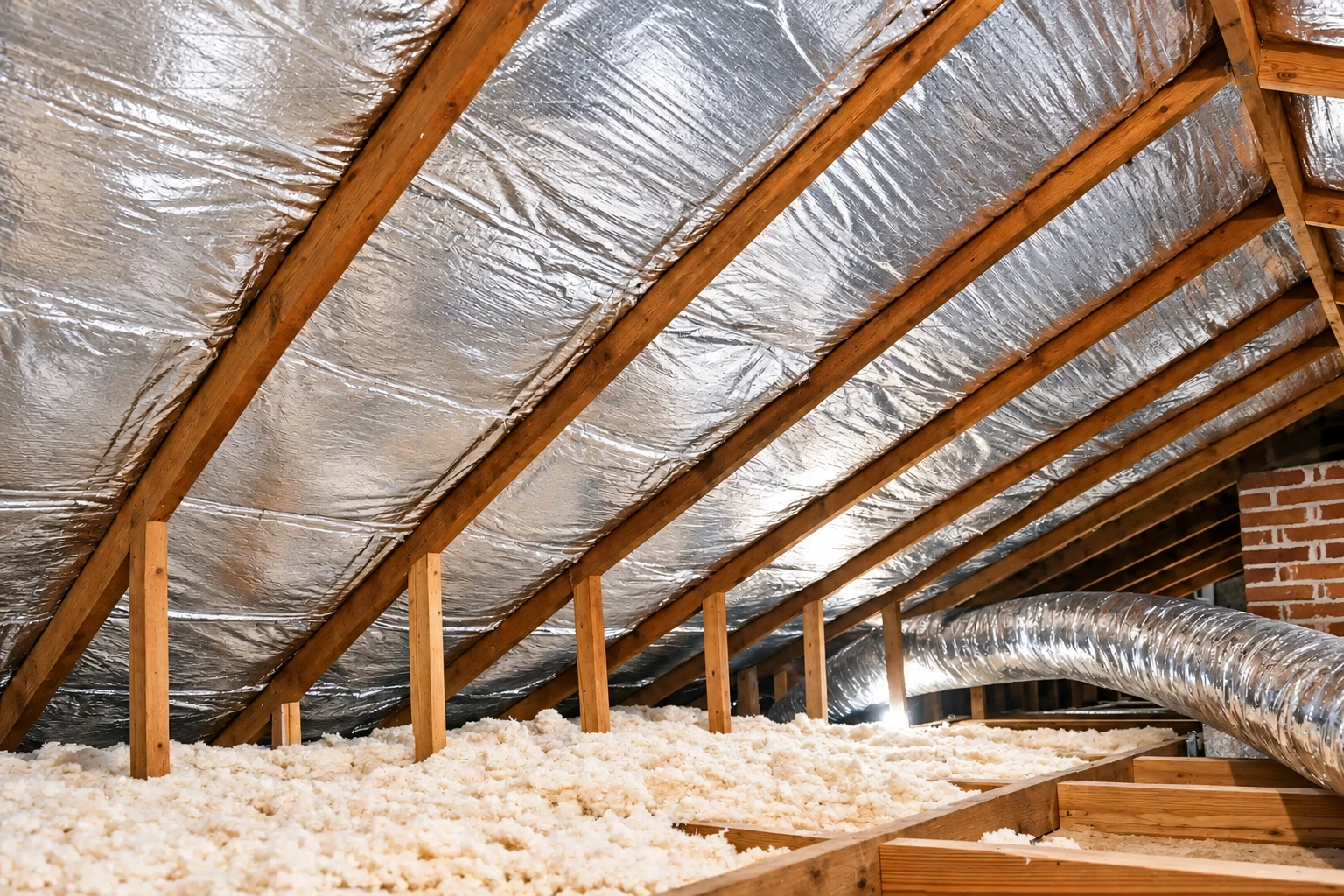 Attic with silver foil lining between wooden rafters, loose white insulation across the floor, and a large ventilation duct.