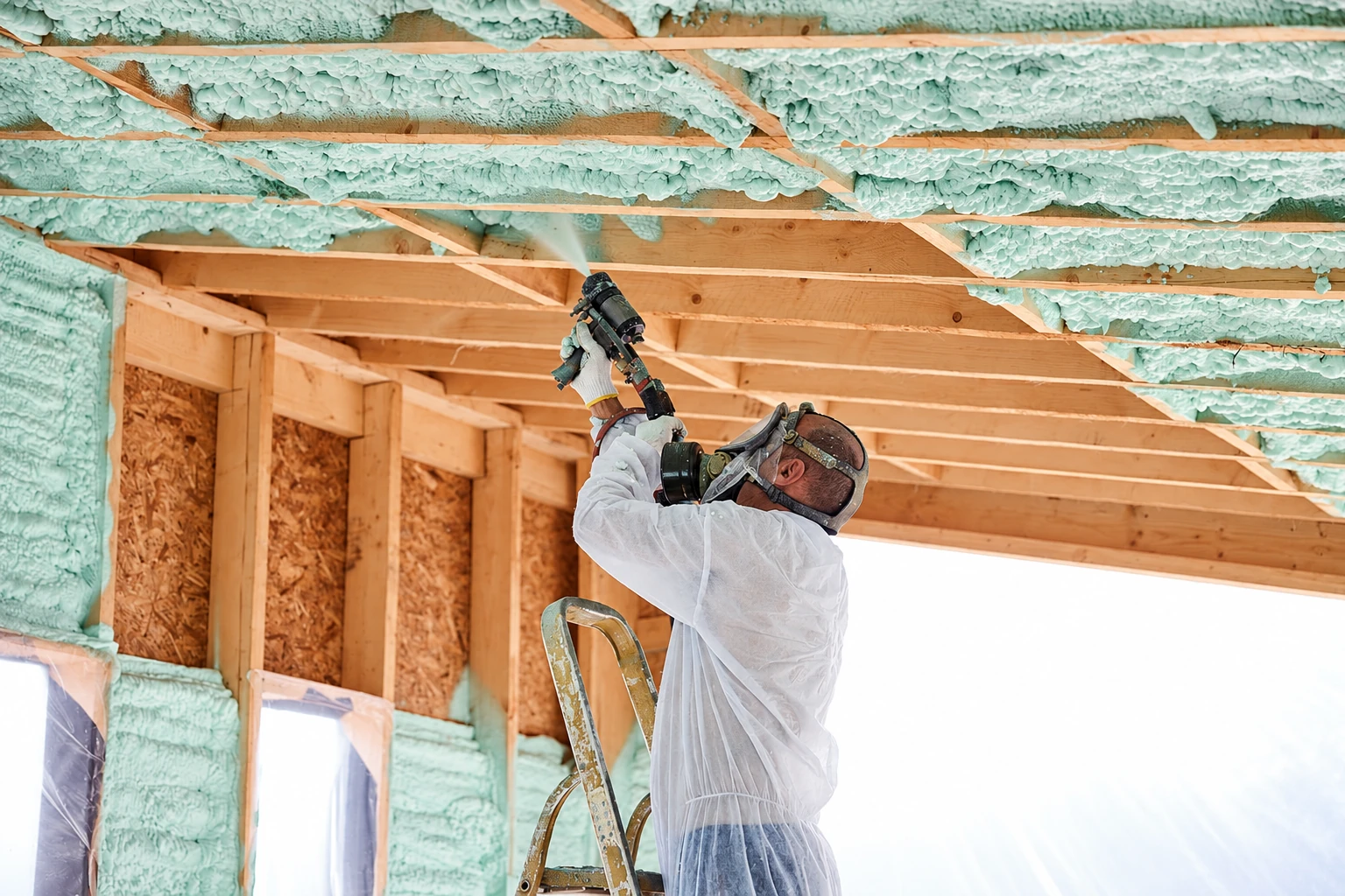 A worker in protective gear sprays pale foam insulation between the rafters of an unfinished attic.