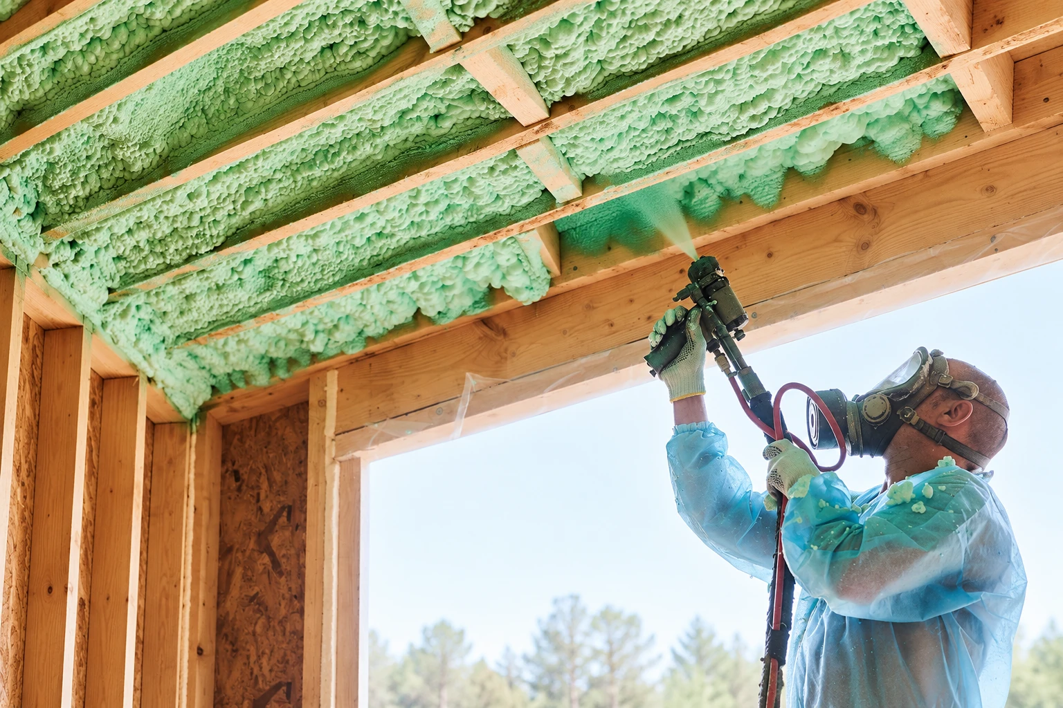 A worker in protective gear sprays green foam insulation between exposed wooden roof rafters.