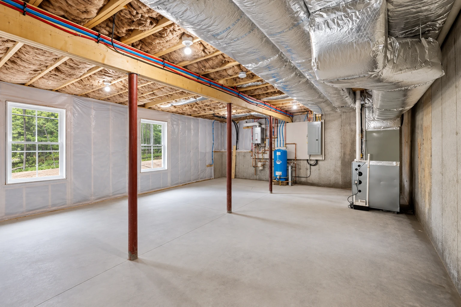 An unfinished basement has fiberglass insulation between ceiling joists, silver ducts, utility equipment, and plastic-covered walls.