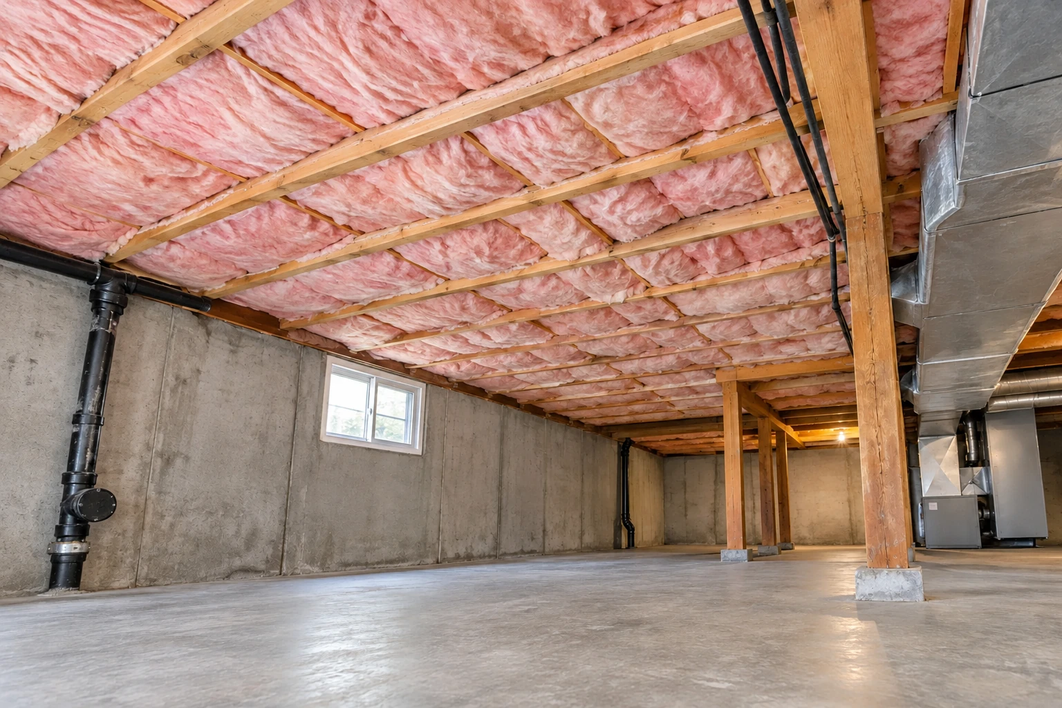 Pink batt insulation fills the ceiling joists in an unfinished concrete basement.