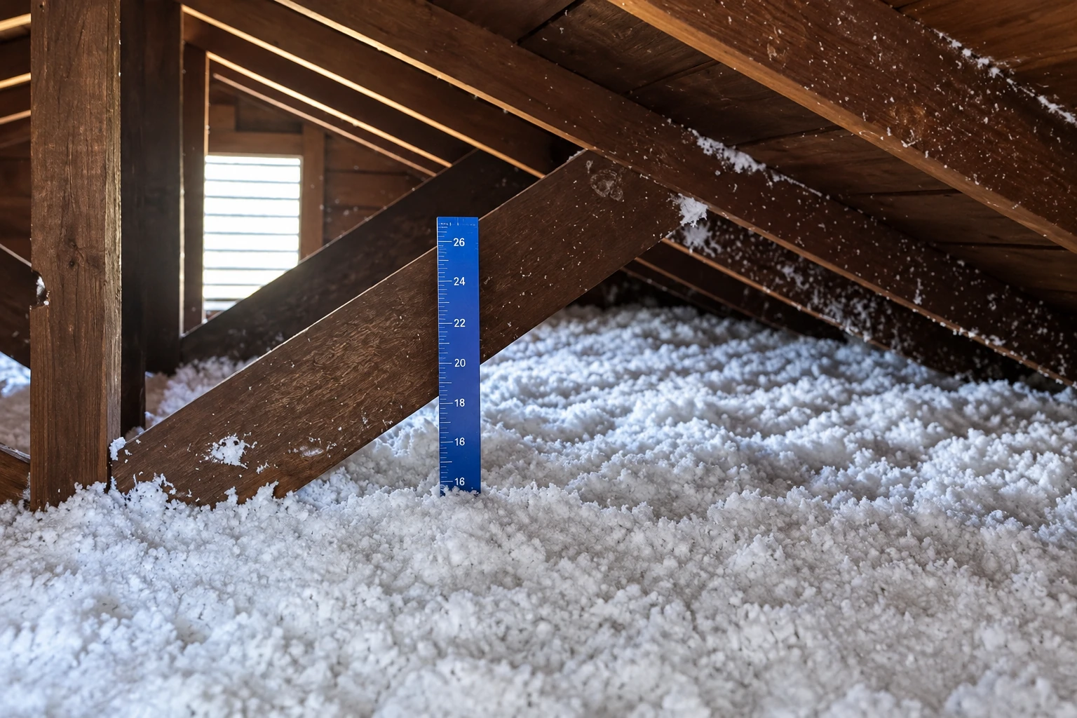 White loose-fill insulation covers an attic floor beneath dark wooden rafters, beside a blue depth ruler.