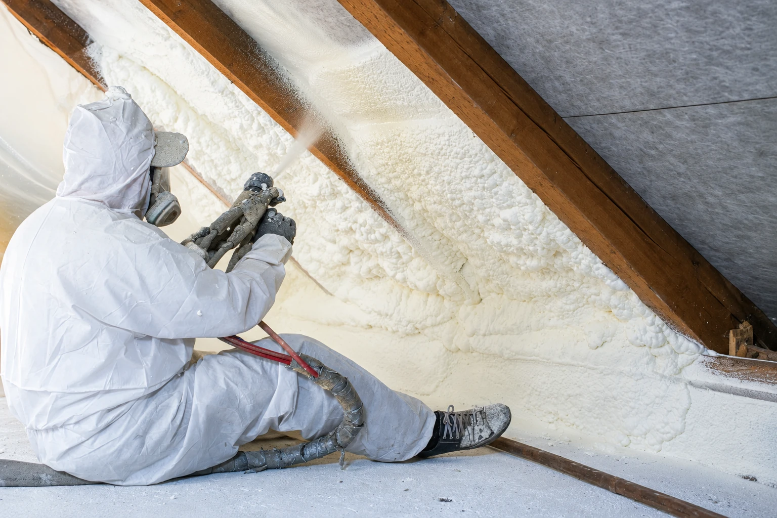 Worker in protective gear sprays white closed-cell foam insulation between wooden roof rafters.