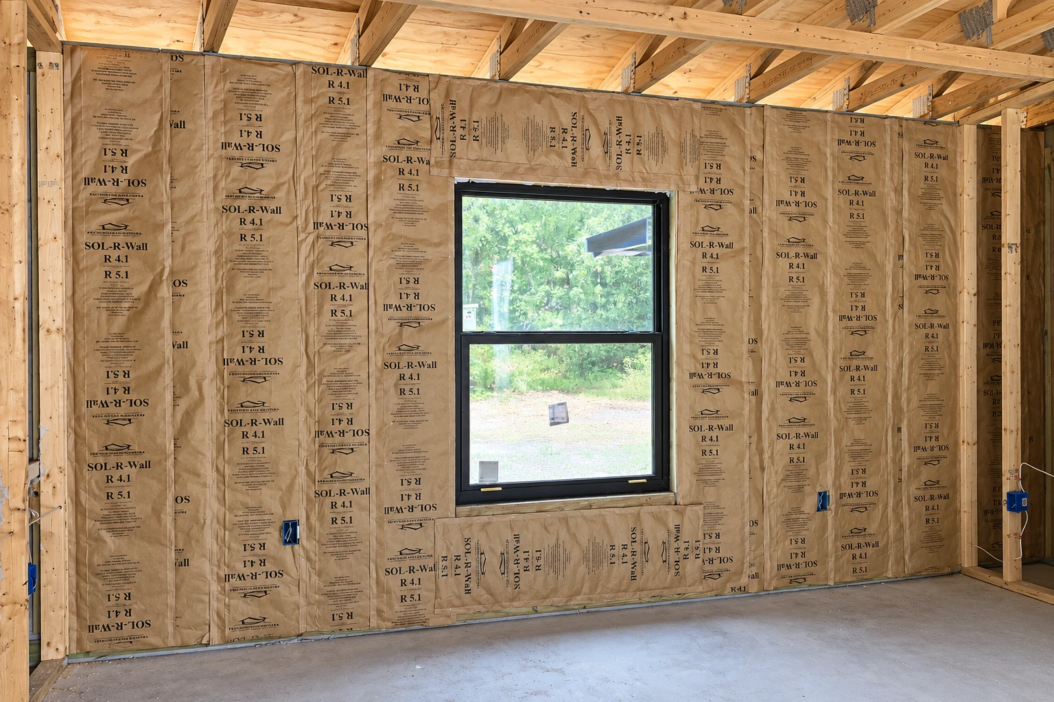 Fiberglass insulation batts cover the walls of a wood-framed building around a central window.