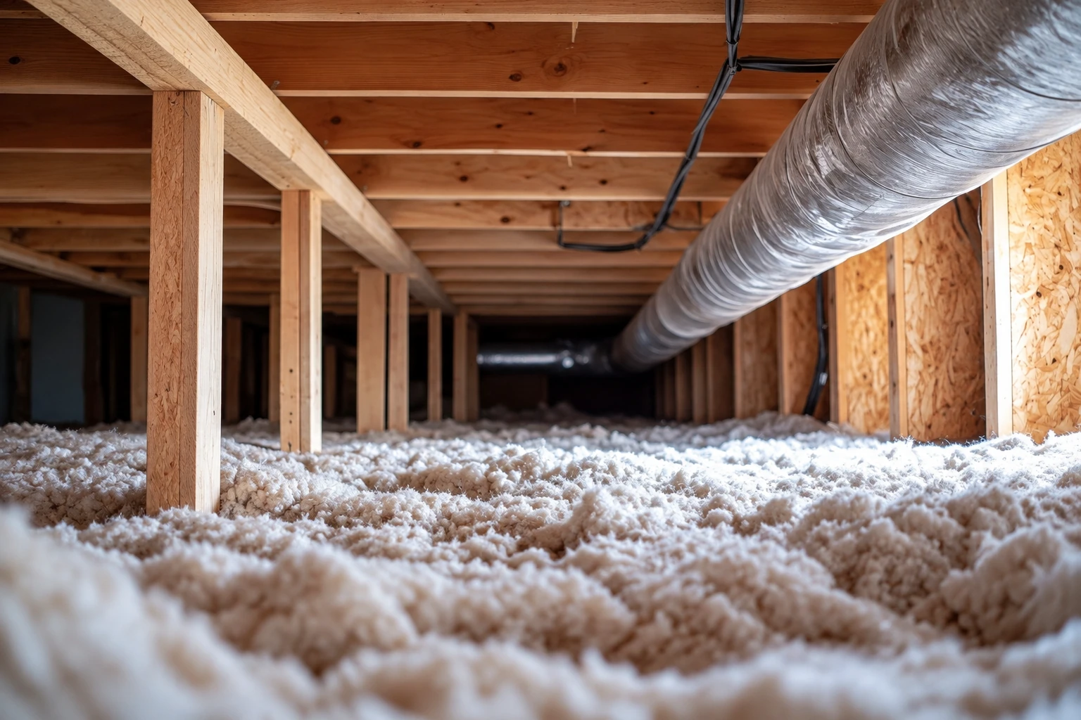 Blown-in insulation covers the floor of a crawl space beneath wooden joists, with a large silver duct running overhead.