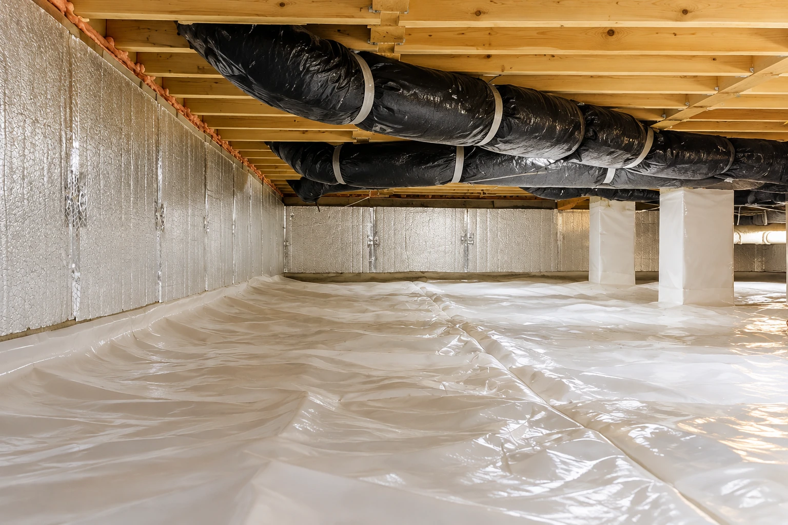 A crawl space has reflective insulation on the walls, a white vapor barrier on the floor, and black ducts overhead.