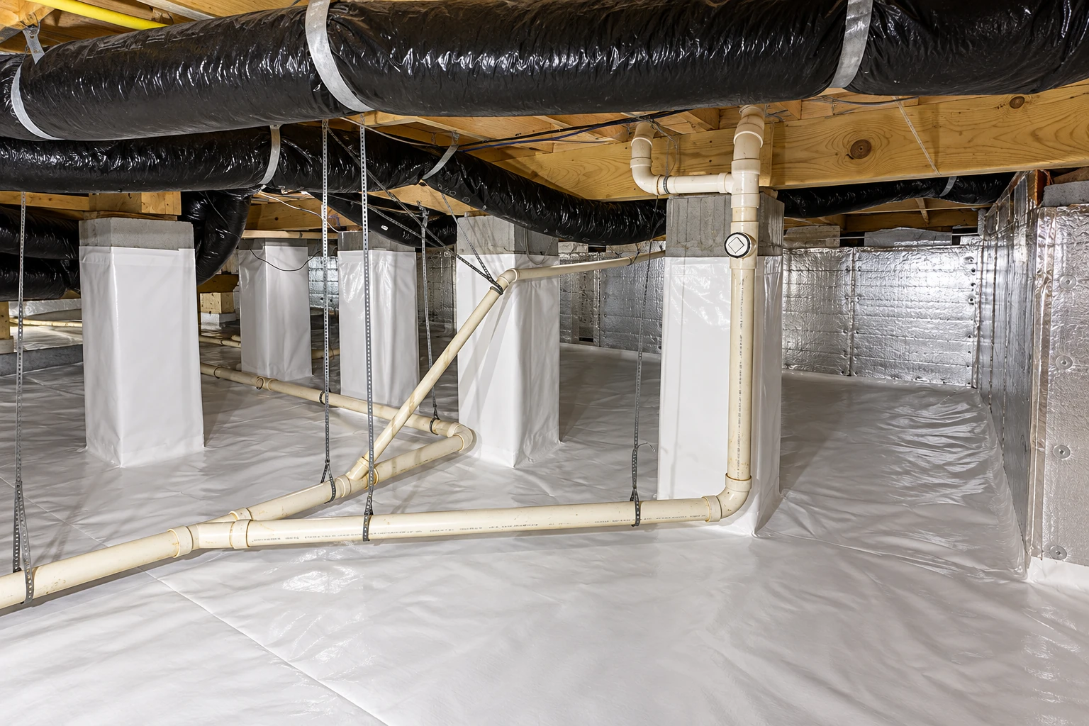 A crawl space has a white vapor barrier covering the floor and support piers, with ducts and pipes overhead.