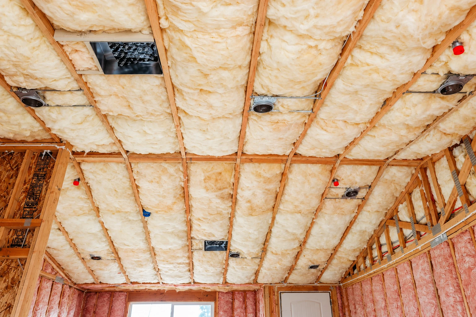 Fiberglass batts fill the ceiling joist bays in an unfinished room with exposed framing and wiring.