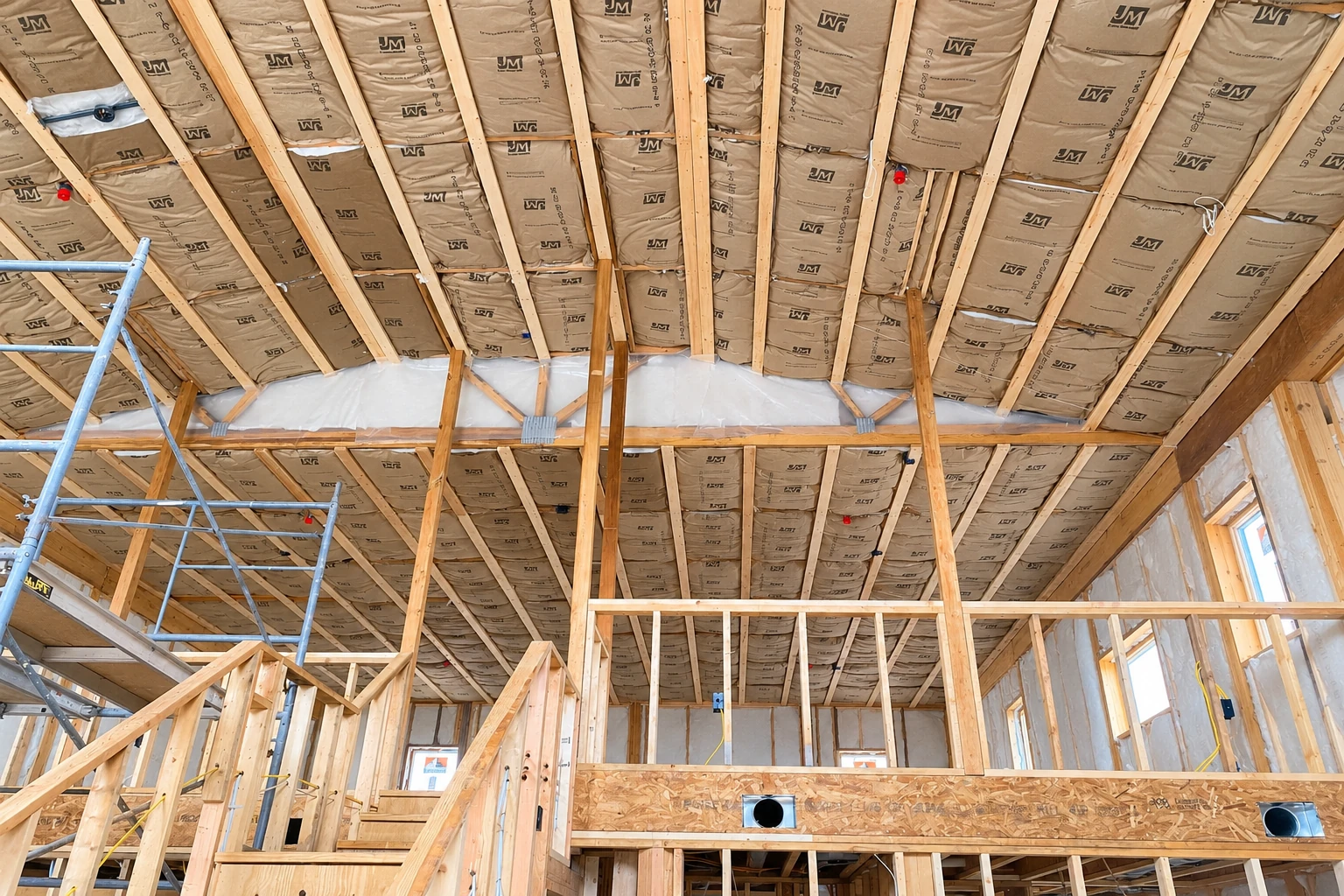 Unfinished home interior with brown batt insulation fitted between exposed ceiling rafters and framing.
