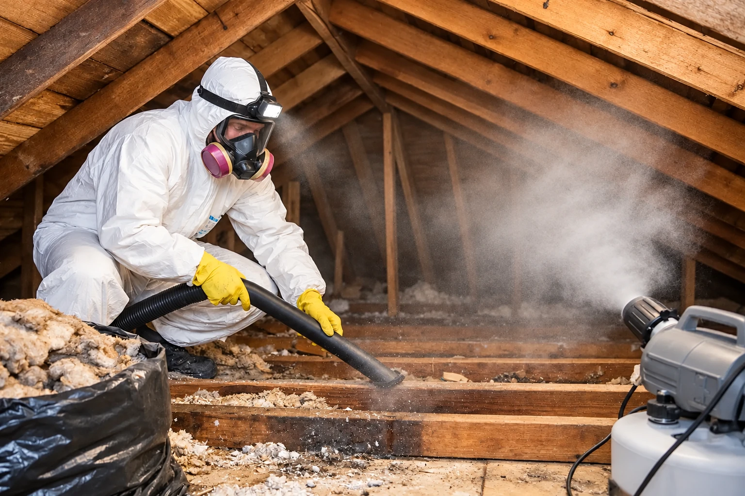 A worker in protective coveralls and a respirator vacuums old attic insulation through a hose as dust rises nearby.