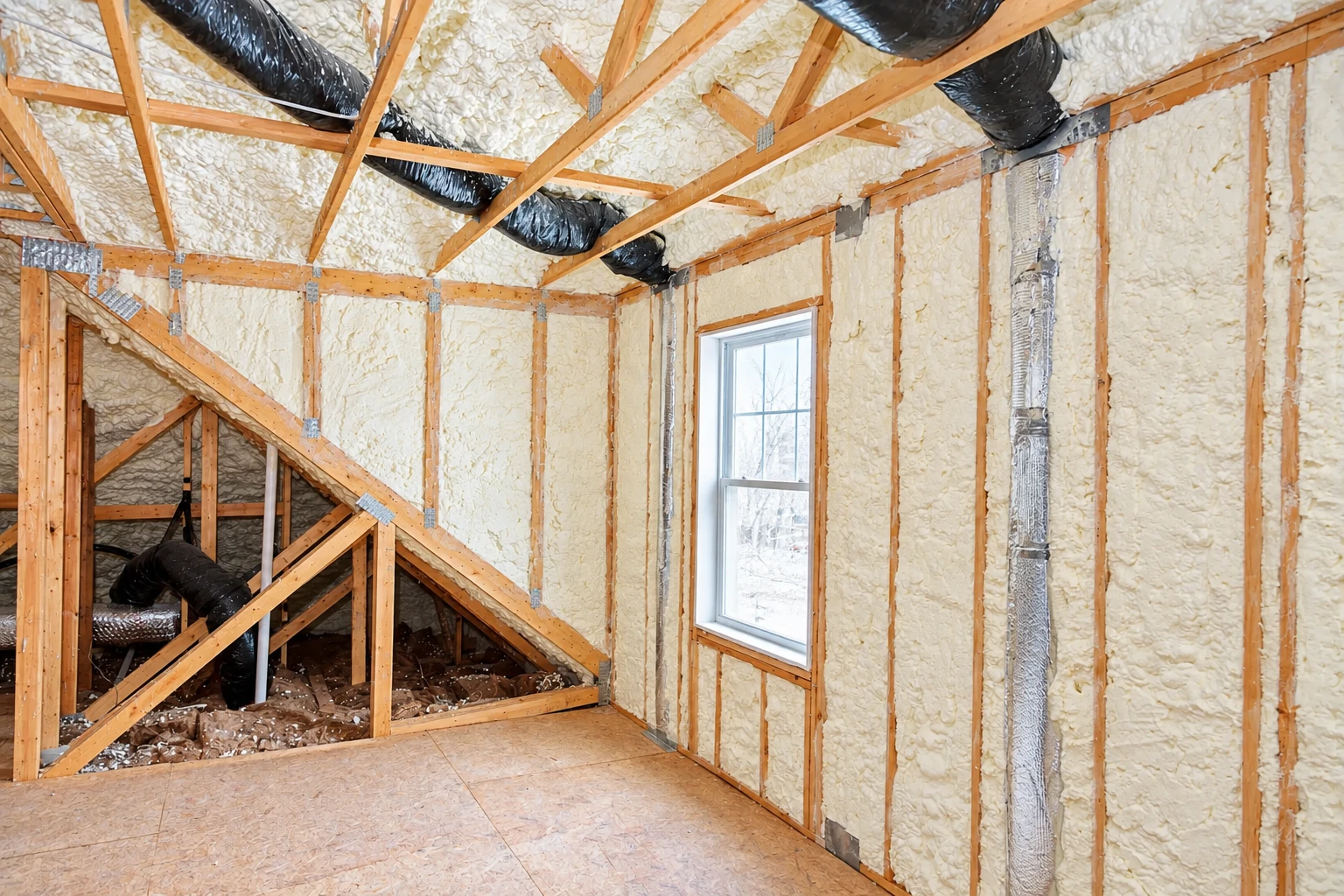 Open-cell spray foam fills the roof and wall cavities of a wood-framed attic with exposed ducts and a window.