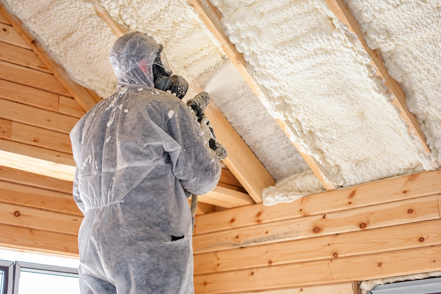 A worker in protective gear sprays white foam insulation onto the sloped roof framing of an unfinished room.