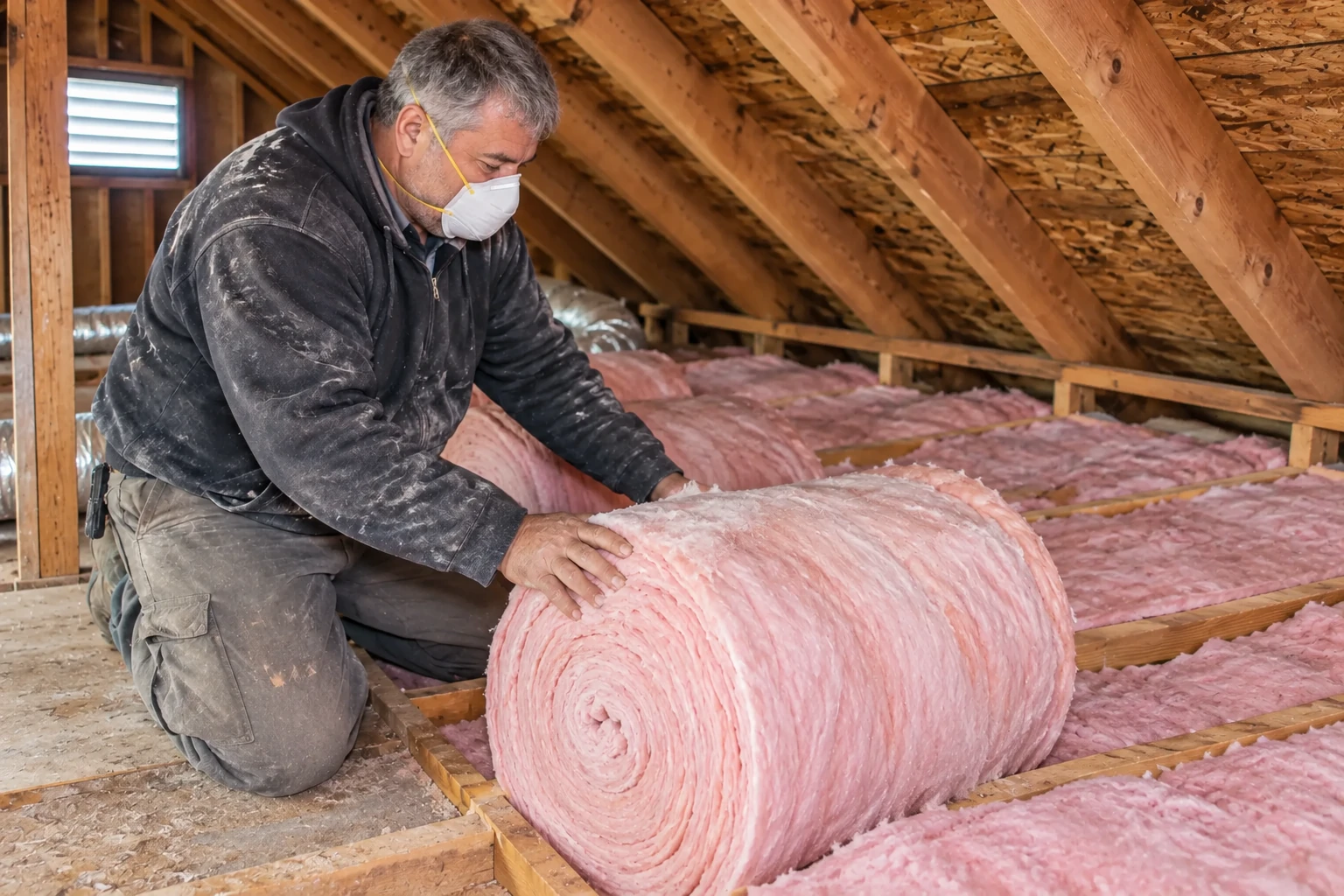 A masked worker kneels in an attic, positioning a large roll of pink fiberglass insulation between wooden joists.
