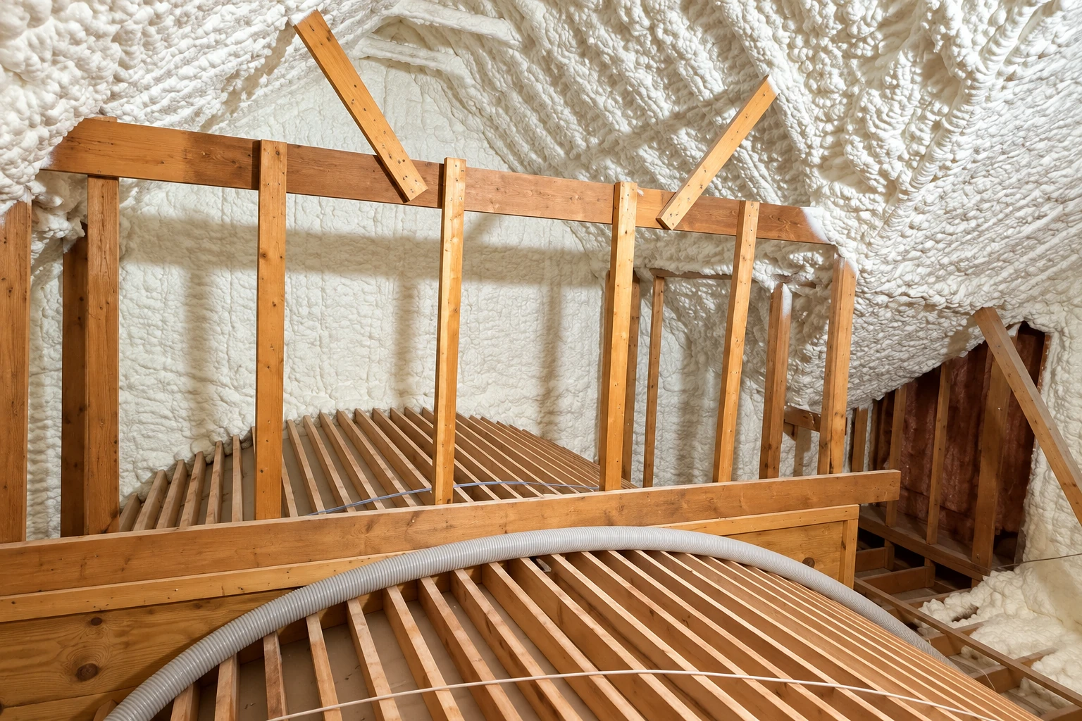 Spray foam covers the roof and walls of a timber attic, with exposed wooden framing and a flexible hose in the foreground.