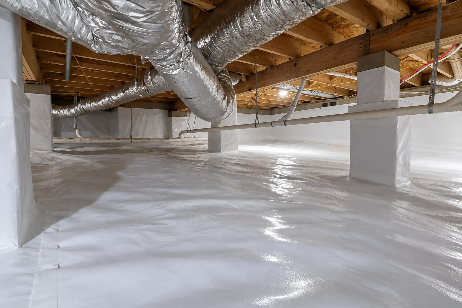 A crawl space floor and support piers are covered with a white vapor barrier beneath exposed joists and ductwork.